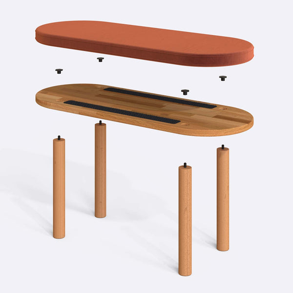 Shiv Bench 100 x 38 cm parçalarına ayrılmış montaj görünümü, somon kadife oturum ve masif kayın ayaklar
