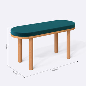 Shiv Bench 100 x 38 cm ölçülendirilmiş teknik görünümü, petrol kadife döşeme, milimetre cinsinden ölçüler