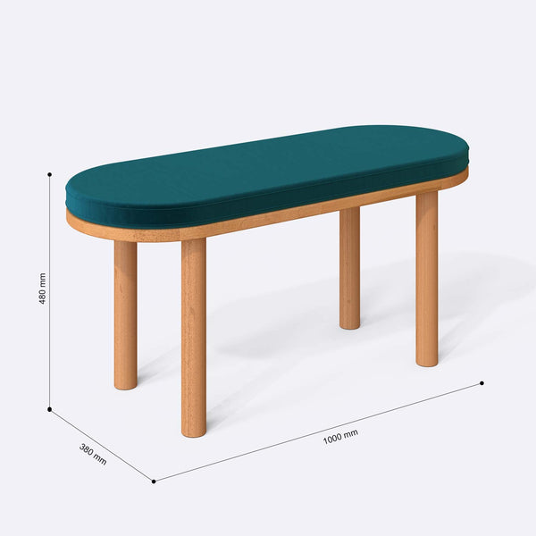 Shiv Bench 100 x 38 cm ölçülendirilmiş teknik görünümü, petrol kadife döşeme, milimetre cinsinden ölçüler