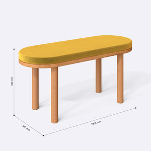 Shiv Bench 100 x 38 cm ölçülendirilmiş teknik görünümü, sarı kadife döşeme, milimetre cinsinden ölçüler