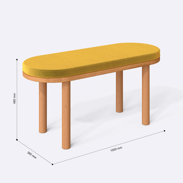 Shiv Bench 100 x 38 cm ölçülendirilmiş teknik görünümü, sarı kadife döşeme, milimetre cinsinden ölçüler