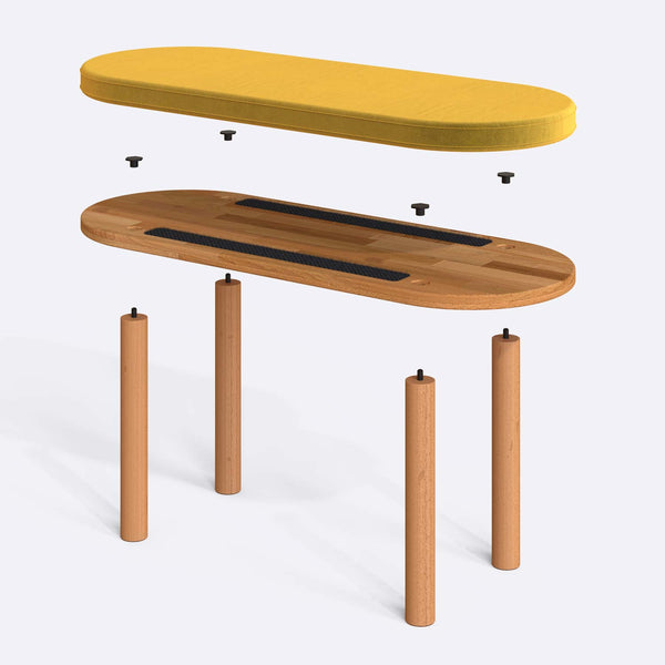Shiv Bench 100 x 38 cm parçalarına ayrılmış montaj görünümü, sarı kadife oturum ve masif kayın ayaklar