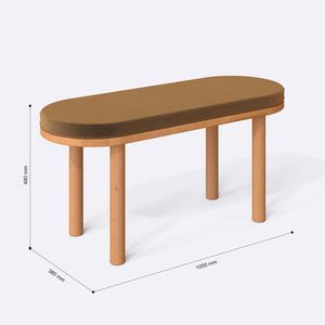 Shiv Bench 100 x 38 cm ölçülendirilmiş teknik görünümü, vizon kadife döşeme, milimetre cinsinden ölçüler