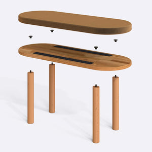 Shiv Bench 100 x 38 cm parçalarına ayrılmış montaj görünümü, vizon kadife oturum ve masif kayın ayaklar