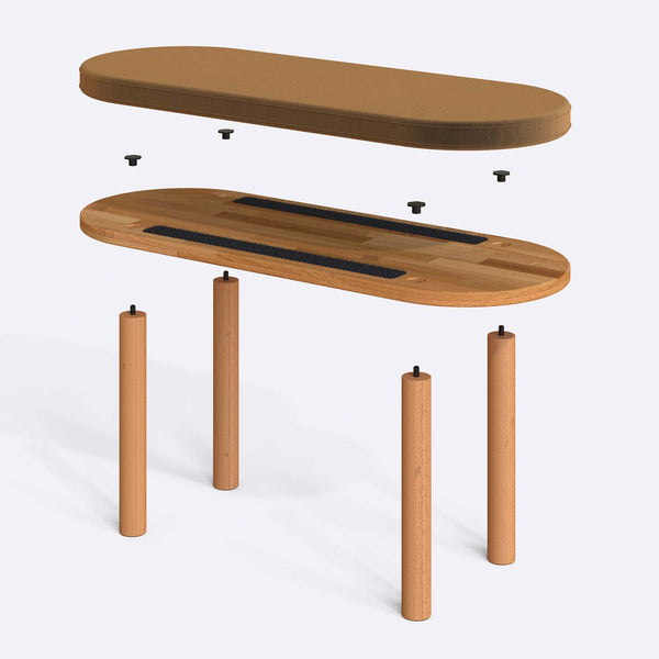 Shiv Bench 100 x 38 cm parçalarına ayrılmış montaj görünümü, vizon kadife oturum ve masif kayın ayaklar