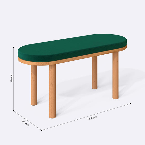 Shiv Bench 100 x 38 cm ölçülendirilmiş teknik görünümü, zümrüt kadife döşeme, milimetre cinsinden ölçüler