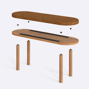 Shiv Bench 120 x 38 parçalarına ayrılmış montaj görünümü, badem keten oturum ve masif kayın ayaklar ile bağlantı vidaları