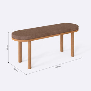 Shiv Bench 120 x 38 ölçülendirilmiş teknik görünümü, kahve keten döşeme, milimetre cinsinden genişlik, derinlik ve yükseklik