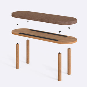 Shiv Bench 120 x 38 parçalarına ayrılmış montaj görünümü, kahve keten oturum ve masif kayın ayaklar ile bağlantı vidaları