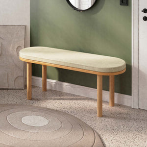 Shiv Bench 120 x 38, kum keten döşeme, masif kayın gövde, döşenmiş oda ortamında kullanım görünümü
