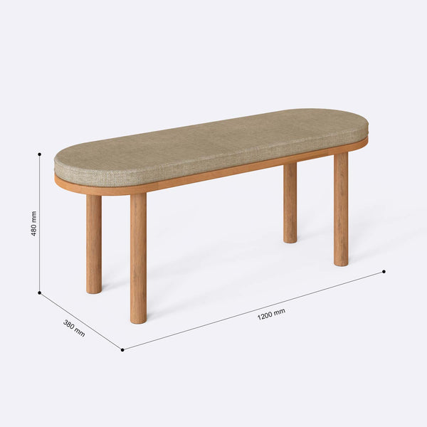 Shiv Bench 120 x 38 ölçülendirilmiş teknik görünümü, kum keten döşeme, milimetre cinsinden genişlik, derinlik ve yükseklik