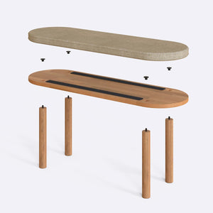 Shiv Bench 120 x 38 parçalarına ayrılmış montaj görünümü, kum keten oturum ve masif kayın ayaklar ile bağlantı vidaları