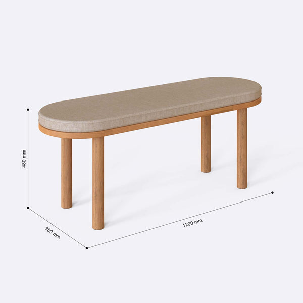 Shiv Bench 120 x 38 ölçülendirilmiş teknik görünümü, ekru keten döşeme, milimetre cinsinden genişlik, derinlik ve yükseklik