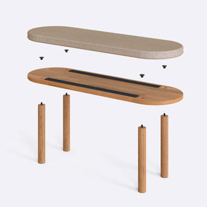 Shiv Bench 120 x 38 parçalarına ayrılmış montaj görünümü, ekru keten oturum ve masif kayın ayaklar ile bağlantı vidaları