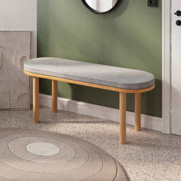 Shiv Bench 120 x 38, gri keten döşeme, masif kayın gövde, döşenmiş oda ortamında kullanım görünümü