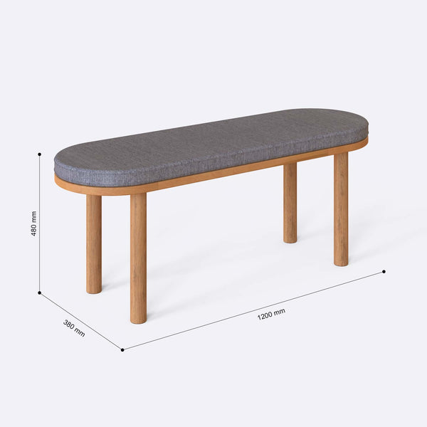 Shiv Bench 120 x 38 ölçülendirilmiş teknik görünümü, gri keten döşeme, milimetre cinsinden genişlik, derinlik ve yükseklik