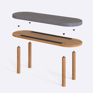 Shiv Bench 120 x 38 parçalarına ayrılmış montaj görünümü, gri keten oturum ve masif kayın ayaklar ile bağlantı vidaları