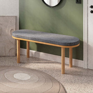 Shiv Bench 120 x 38, kül keten döşeme, masif kayın gövde, döşenmiş oda ortamında kullanım görünümü