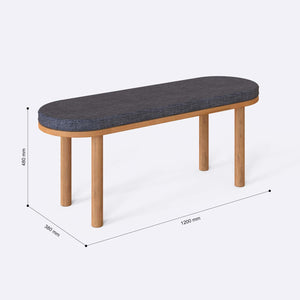 Shiv Bench 120 x 38 ölçülendirilmiş teknik görünümü, kül keten döşeme, milimetre cinsinden genişlik, derinlik ve yükseklik