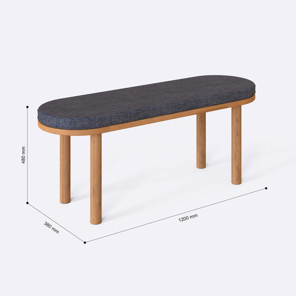Shiv Bench 120 x 38 ölçülendirilmiş teknik görünümü, kül keten döşeme, milimetre cinsinden genişlik, derinlik ve yükseklik
