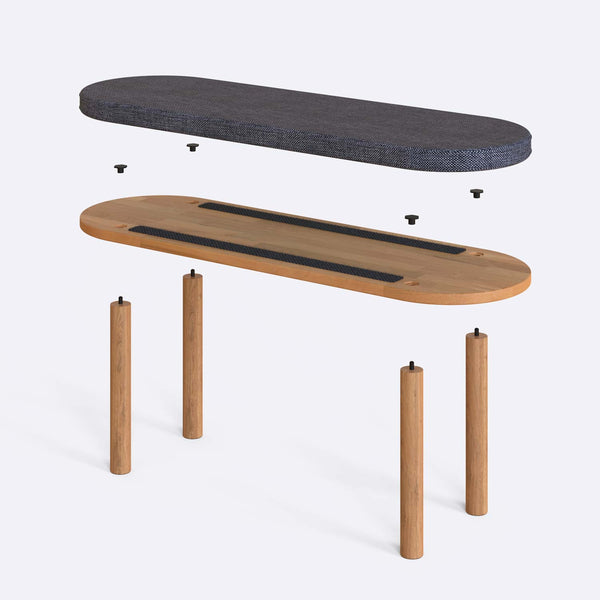 Shiv Bench 120 x 38 parçalarına ayrılmış montaj görünümü, kül keten oturum ve masif kayın ayaklar ile bağlantı vidaları