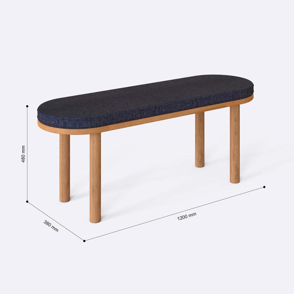Shiv Bench 120 x 38 ölçülendirilmiş teknik görünümü, lacivert keten döşeme, milimetre cinsinden ölçüler