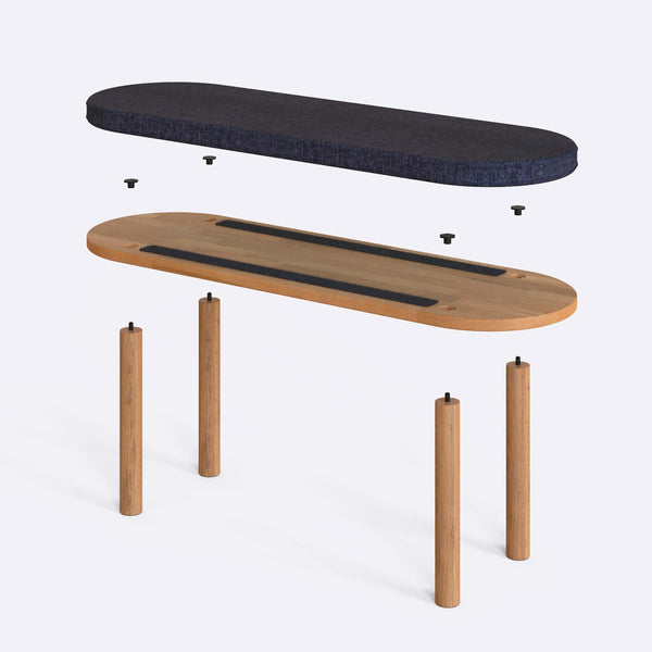 Shiv Bench 120 x 38 parçalarına ayrılmış montaj görünümü, lacivert keten oturum ve masif kayın ayaklar ile bağlantı vidaları