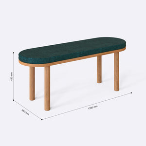 Shiv Bench 120 x 38 ölçülendirilmiş teknik görünümü, petrol keten döşeme, milimetre cinsinden genişlik, derinlik ve yükseklik