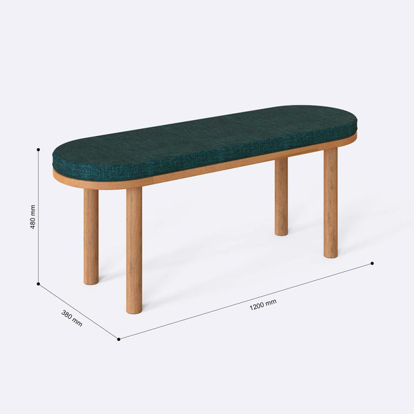 Shiv Bench 120 x 38 ölçülendirilmiş teknik görünümü, petrol keten döşeme, milimetre cinsinden genişlik, derinlik ve yükseklik
