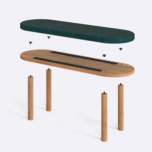 Shiv Bench 120 x 38 parçalarına ayrılmış montaj görünümü, petrol keten oturum ve masif kayın ayaklar ile bağlantı vidaları