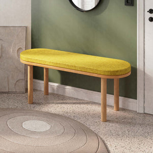 Shiv Bench, masif kayın gövde ve kumaş döşeme, 120 cm genişliğinde, ev ortamında kullanım görünümü