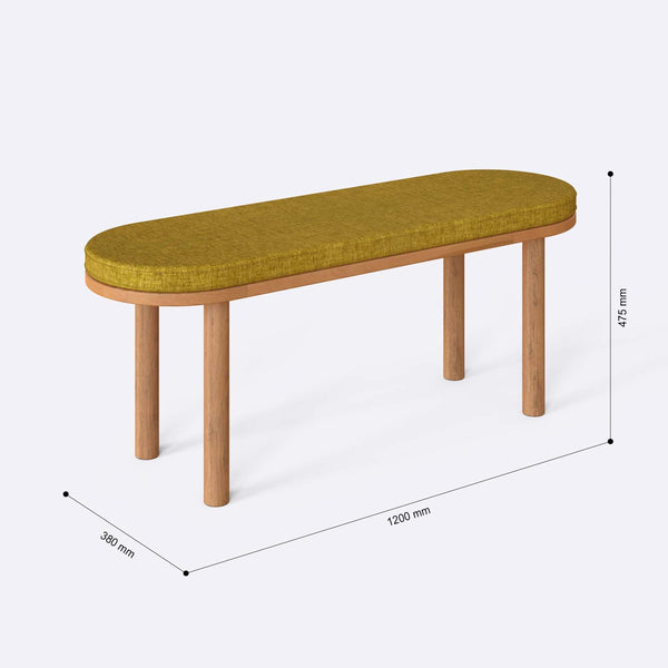 Shiv Bench 120 x 38 ölçülendirilmiş teknik görünümü, sarı keten döşeme, milimetre cinsinden genişlik, derinlik ve yükseklik