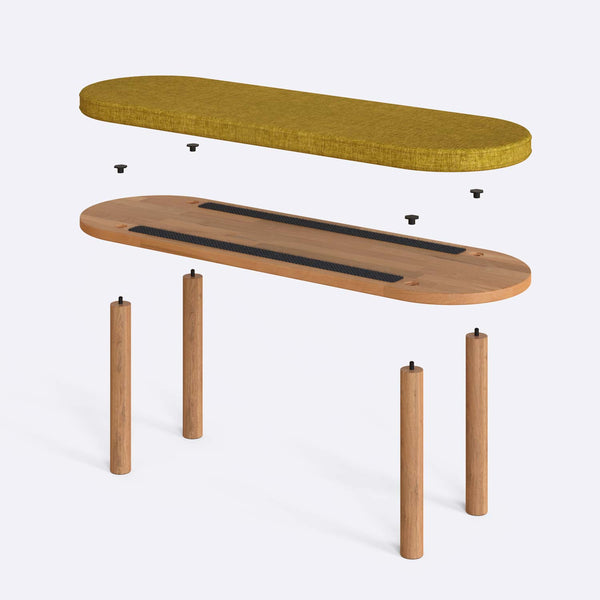 Shiv Bench 120 x 38 parçalarına ayrılmış montaj görünümü, sarı keten oturum ve masif kayın ayaklar ile bağlantı vidaları