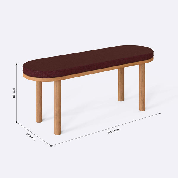 Shiv Bench 120 x 38 ölçülendirilmiş teknik görünümü, bordo keten döşeme, milimetre cinsinden genişlik, derinlik ve yükseklik