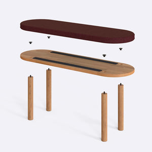 Shiv Bench 120 x 38 parçalarına ayrılmış montaj görünümü, bordo keten oturum ve masif kayın ayaklar ile bağlantı vidaları