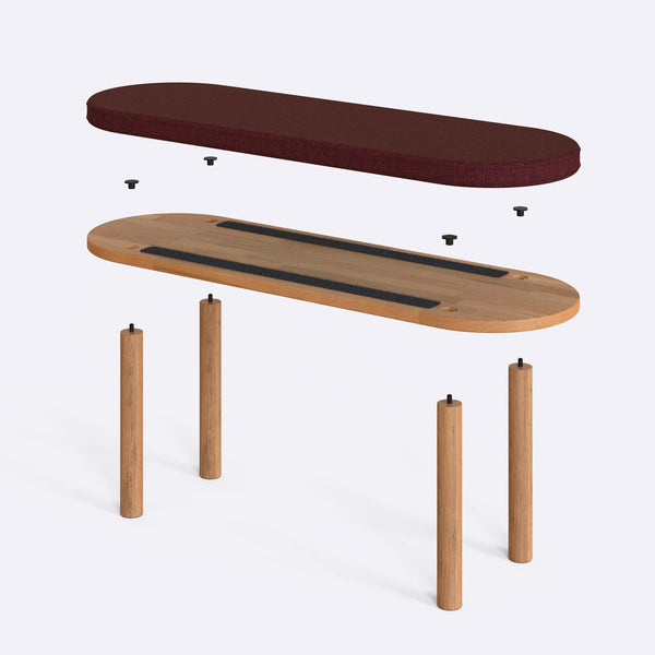 Shiv Bench 120 x 38 parçalarına ayrılmış montaj görünümü, bordo keten oturum ve masif kayın ayaklar ile bağlantı vidaları
