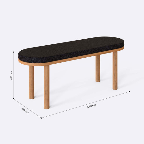 Shiv Bench 120 x 38 ölçülendirilmiş teknik görünümü, siyah keten döşeme, milimetre cinsinden genişlik, derinlik ve yükseklik