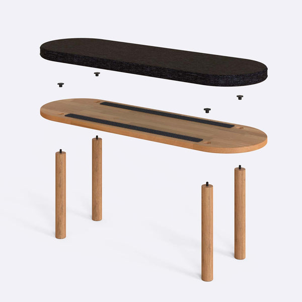 Shiv Bench 120 x 38 parçalarına ayrılmış montaj görünümü, siyah keten oturum ve masif kayın ayaklar ile bağlantı vidaları