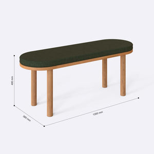 Shiv Bench 120 x 38 ölçülendirilmiş teknik görünümü, yeşil keten döşeme, milimetre cinsinden genişlik, derinlik ve yükseklik