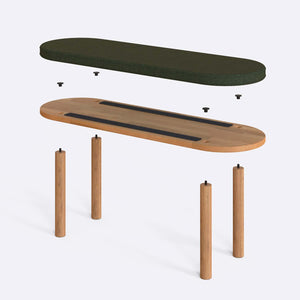 Shiv Bench 120 x 38 parçalarına ayrılmış montaj görünümü, yeşil keten oturum ve masif kayın ayaklar ile bağlantı vidaları