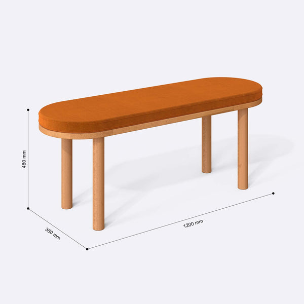 Shiv Bench 120 x 38 ölçülendirilmiş teknik görünümü, badem kadife döşeme, milimetre cinsinden genişlik, derinlik ve yükseklik