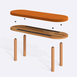 Shiv Bench 120 x 38 parçalarına ayrılmış montaj görünümü, badem kadife oturum ve masif kayın ayaklar ile bağlantı vidaları