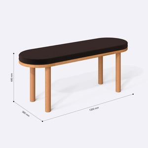 Shiv Bench 120 x 38 ölçülendirilmiş teknik görünümü, kahve kadife döşeme, milimetre cinsinden genişlik, derinlik ve yükseklik