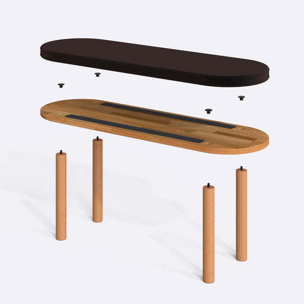 Shiv Bench 120 x 38 parçalarına ayrılmış montaj görünümü, kahve kadife oturum ve masif kayın ayaklar ile bağlantı vidaları