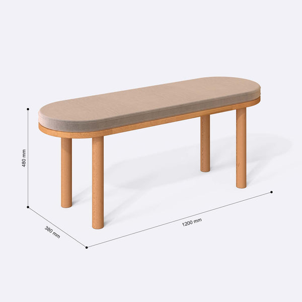 Shiv Bench 120 x 38 ölçülendirilmiş teknik görünümü, kum kadife döşeme, milimetre cinsinden genişlik, derinlik ve yükseklik