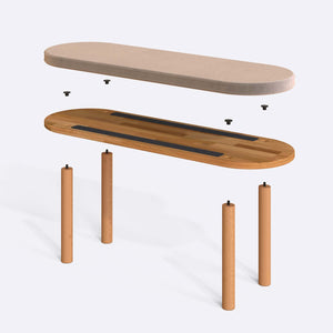 Shiv Bench 120 x 38 parçalarına ayrılmış montaj görünümü, kum kadife oturum ve masif kayın ayaklar ile bağlantı vidaları