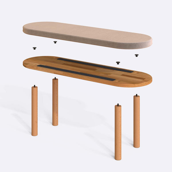 Shiv Bench 120 x 38 parçalarına ayrılmış montaj görünümü, kum kadife oturum ve masif kayın ayaklar ile bağlantı vidaları