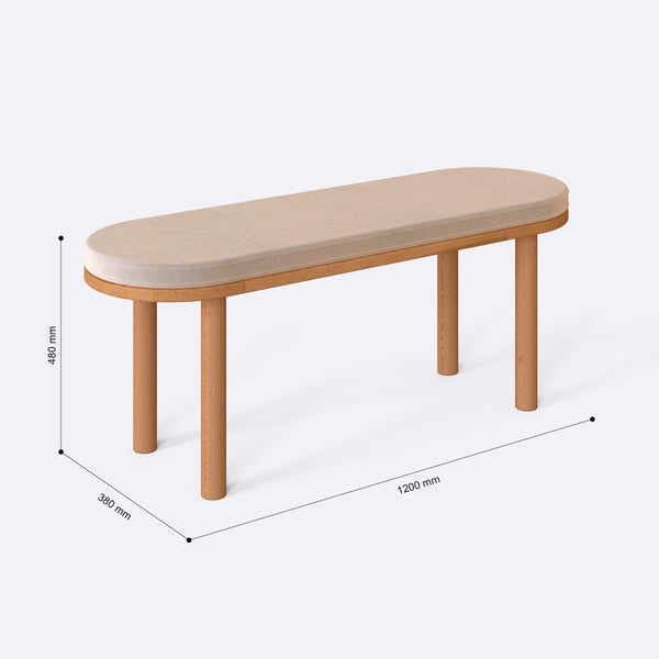 Shiv Bench 120 x 38 ölçülendirilmiş teknik görünümü, ekru kadife döşeme, milimetre cinsinden genişlik, derinlik ve yükseklik