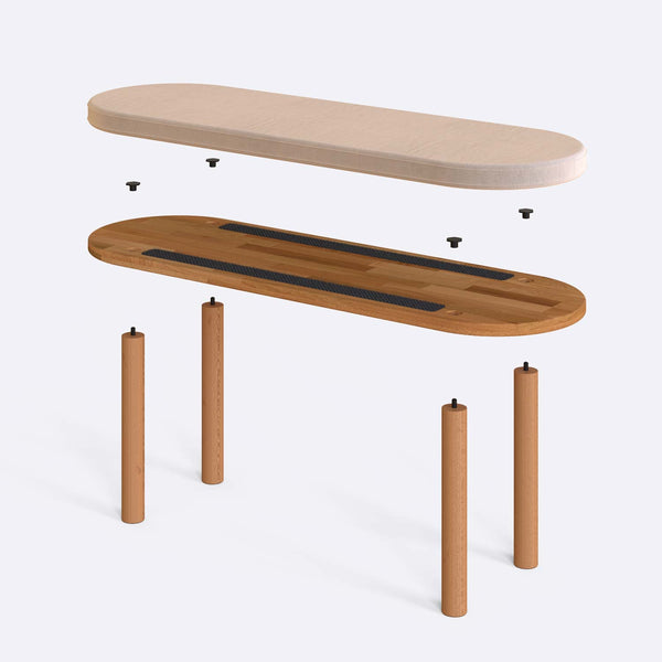 Shiv Bench 120 x 38 parçalarına ayrılmış montaj görünümü, ekru kadife oturum ve masif kayın ayaklar ile bağlantı vidaları