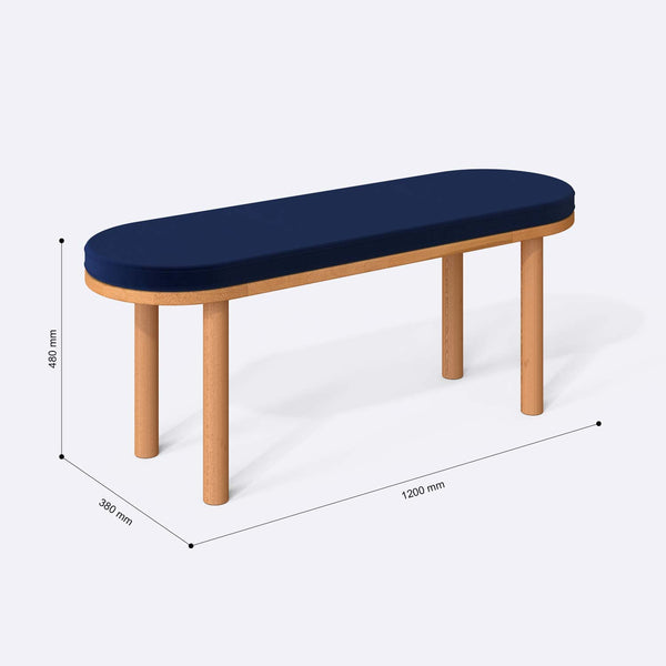 Shiv Bench 120 x 38 ölçülendirilmiş teknik görünümü, lacivert kadife döşeme, milimetre cinsinden ölçüler